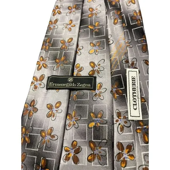 Ermenegildo Zegna Floral Silk‎ Tie Gray Orange Geometric Pattern Elegant Z-116